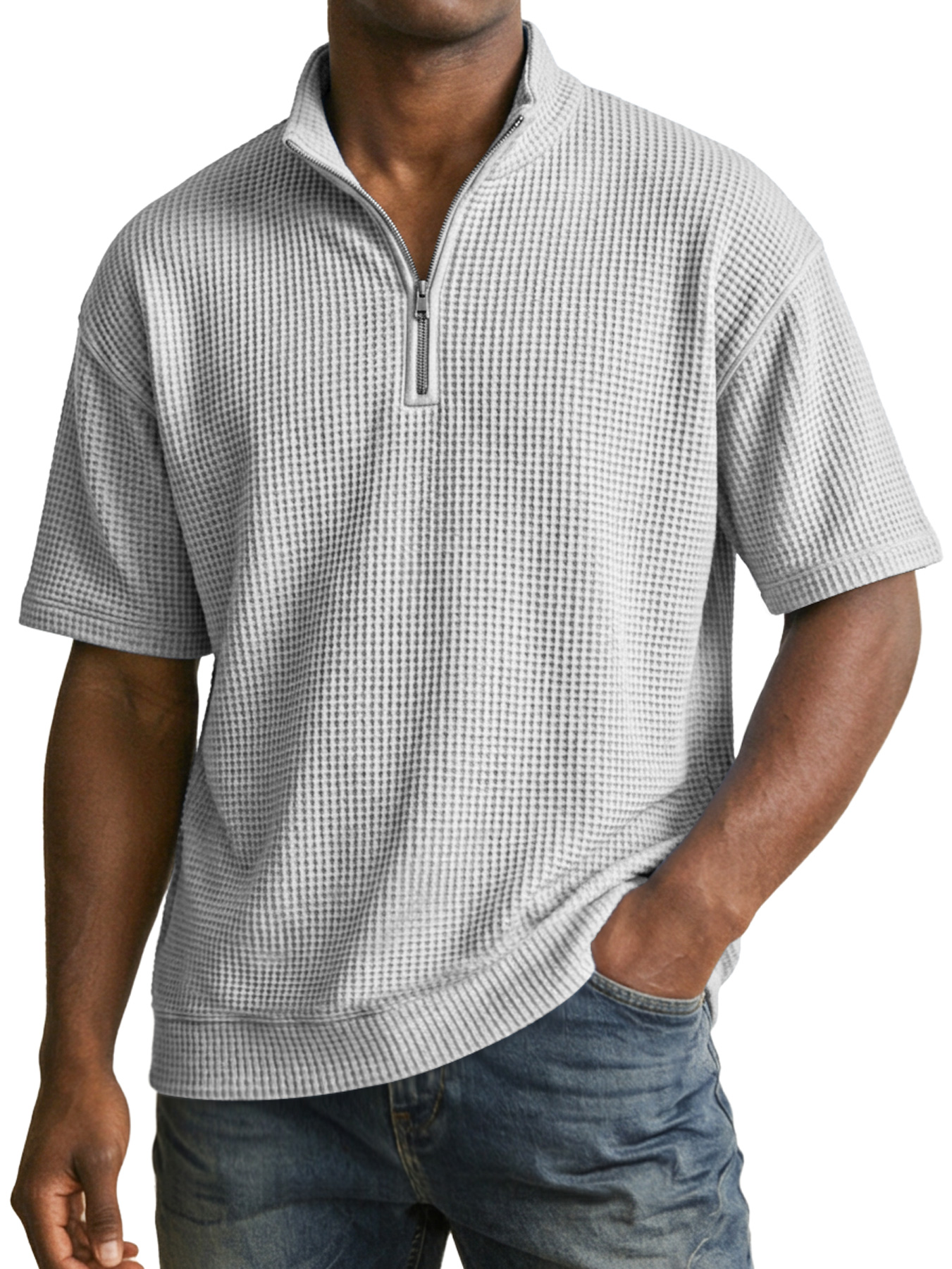 Men's Waffle Collar Zipper Casual Short-Sleeve T-Shirt
