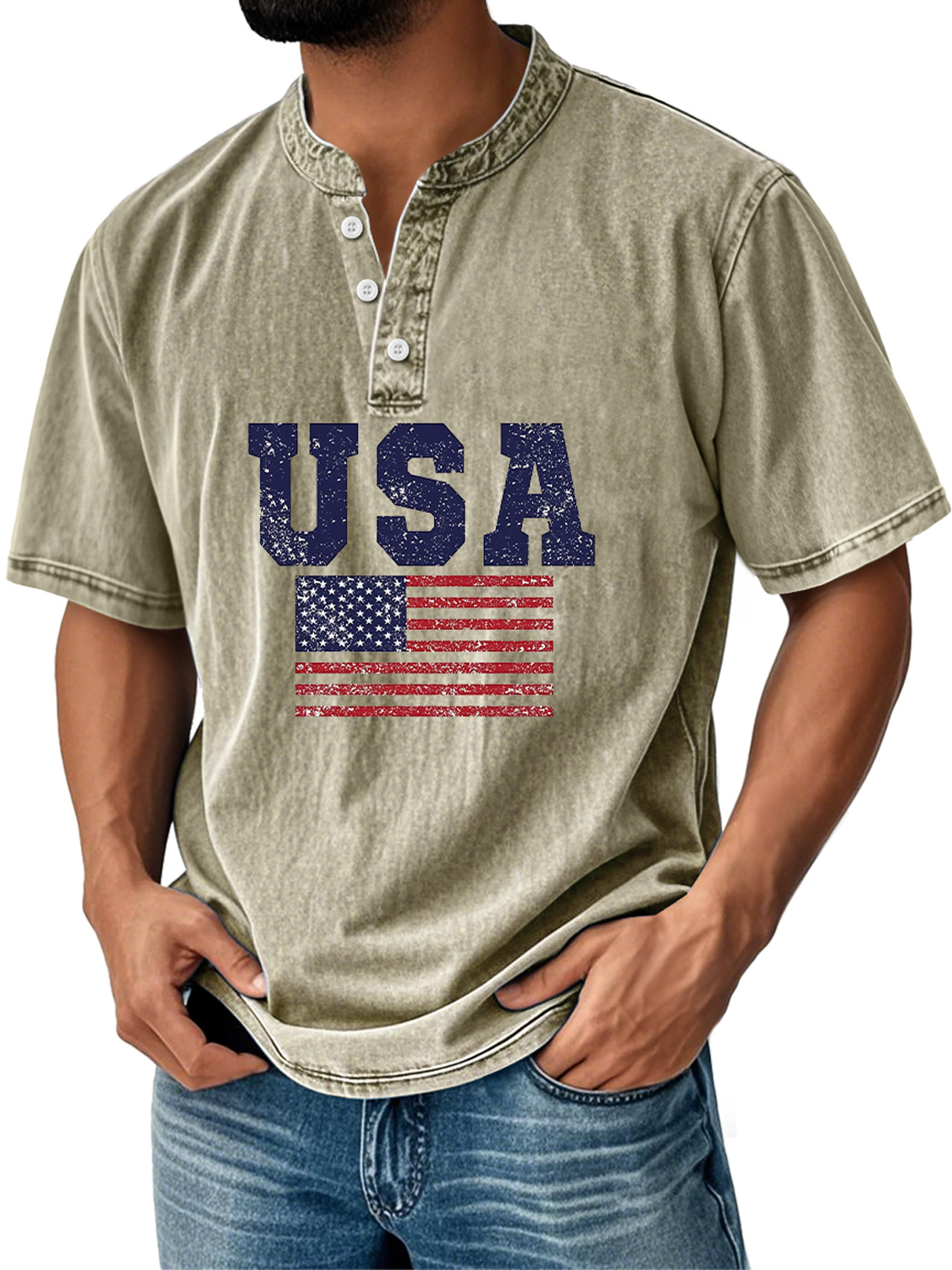 Men's Everyday Independence Day Flag Print Casual Stand Collar Short Sleeve Henley Shirt