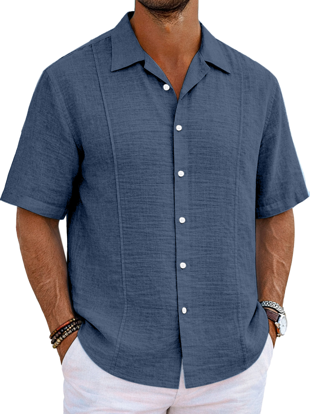 Men's resort casual cotton and linen deconstructed design Cuban collar short-sleeved shirt