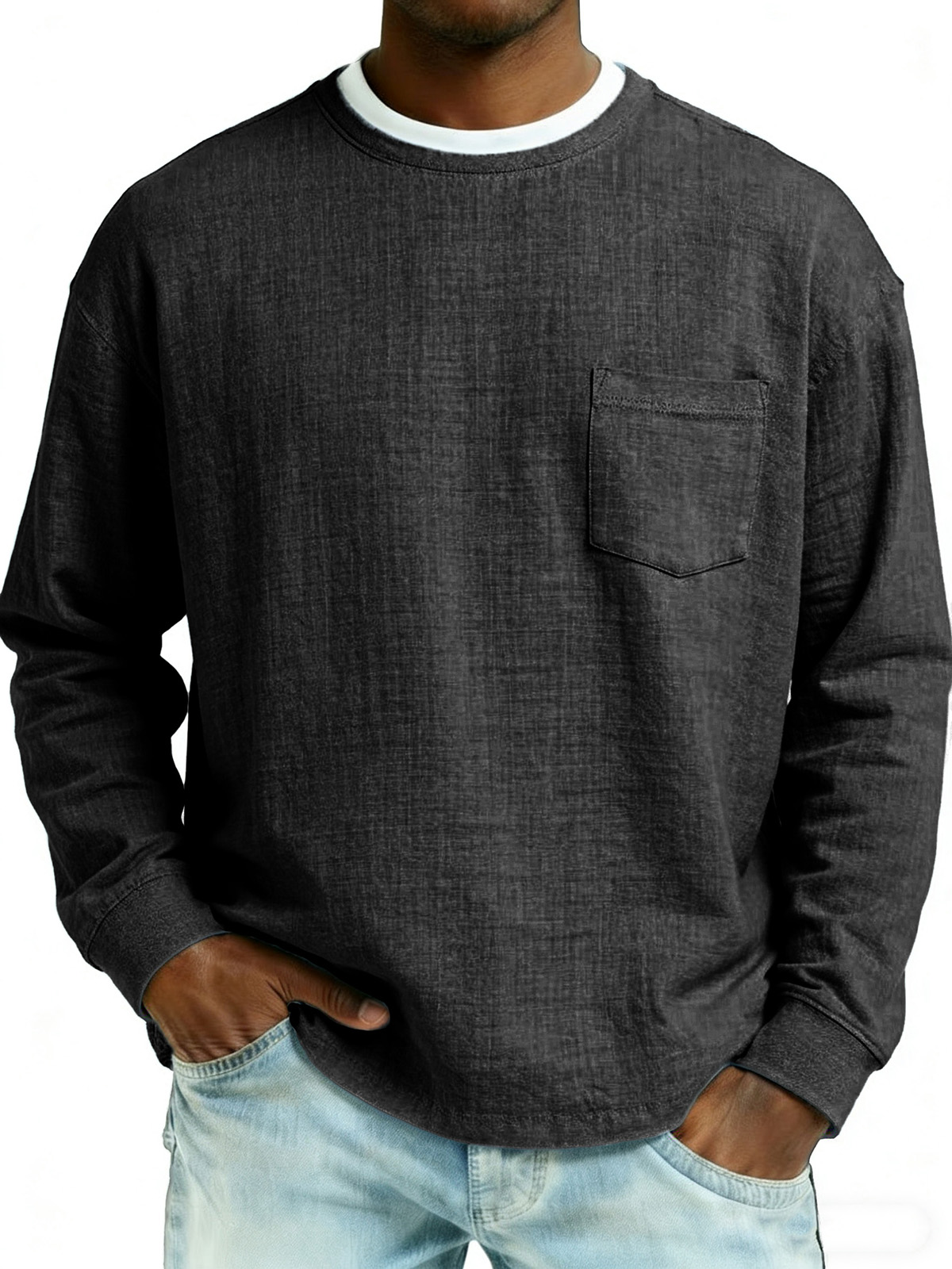 Men's Fashionable Casual Linen Fabric Pocket Long-Sleeved Top