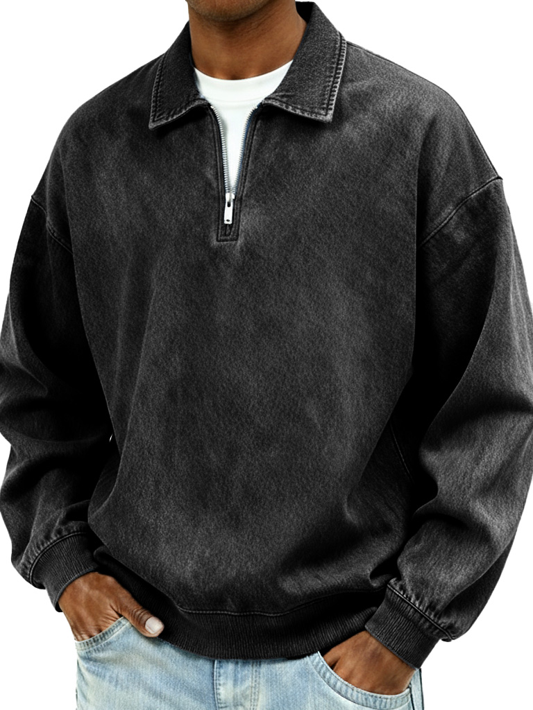 Men's Retro Fashion Distressed Collar Zipper Long-Sleeve Polo Shirt
