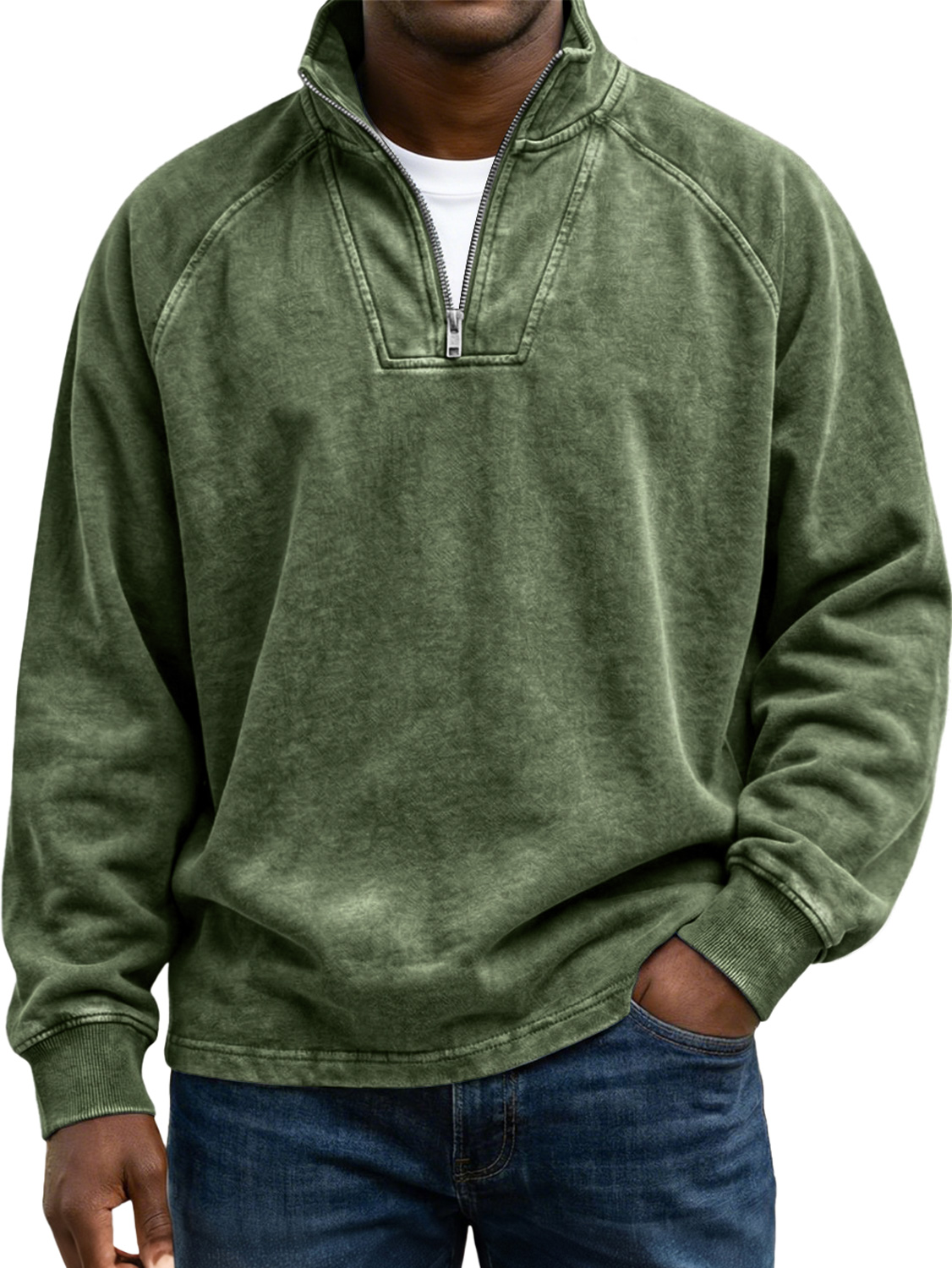 Men's Vintage Raglan Sleeve Stand-collar Zip-up Casual Long-sleeved Shirtt