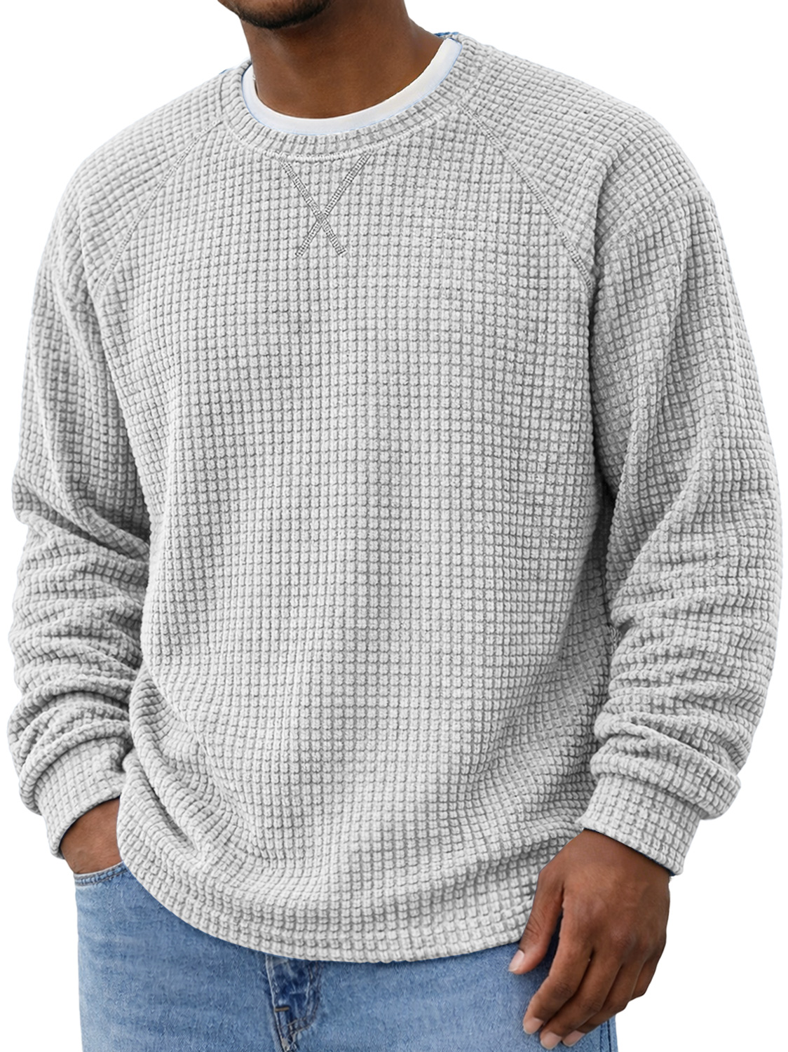 Men's Crew Neck Raglan Sleeve Corduroy Waffle Knit Long-sleeved T-shirt With Crossover Design