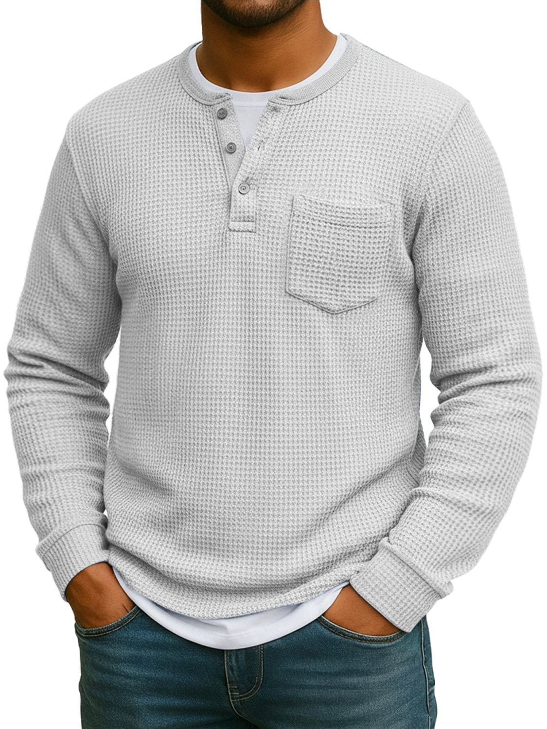 Men's Everyday Waffle Fake Two-Piece Casual Pocket Long Sleeve Henley Shirt