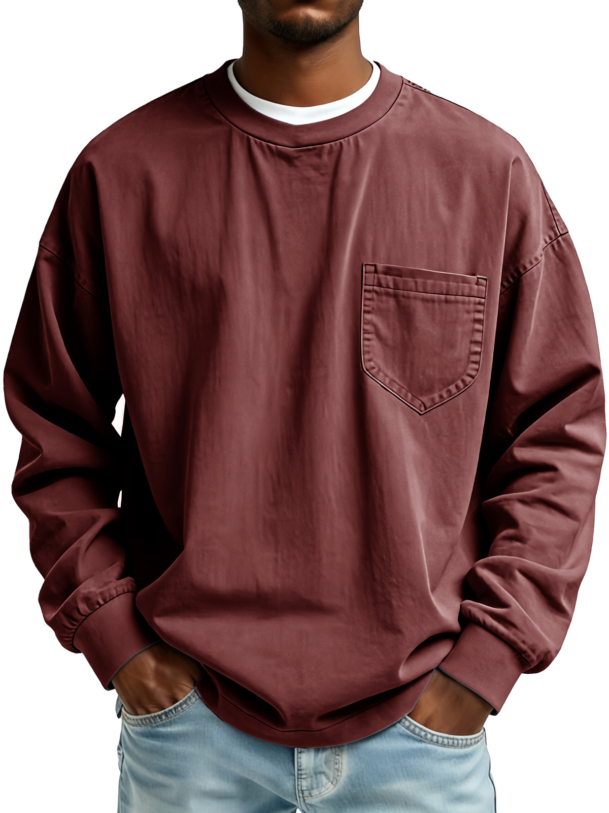 Men's Fashionable Retro Pleated Fabric Long-Sleeved Pocket Top