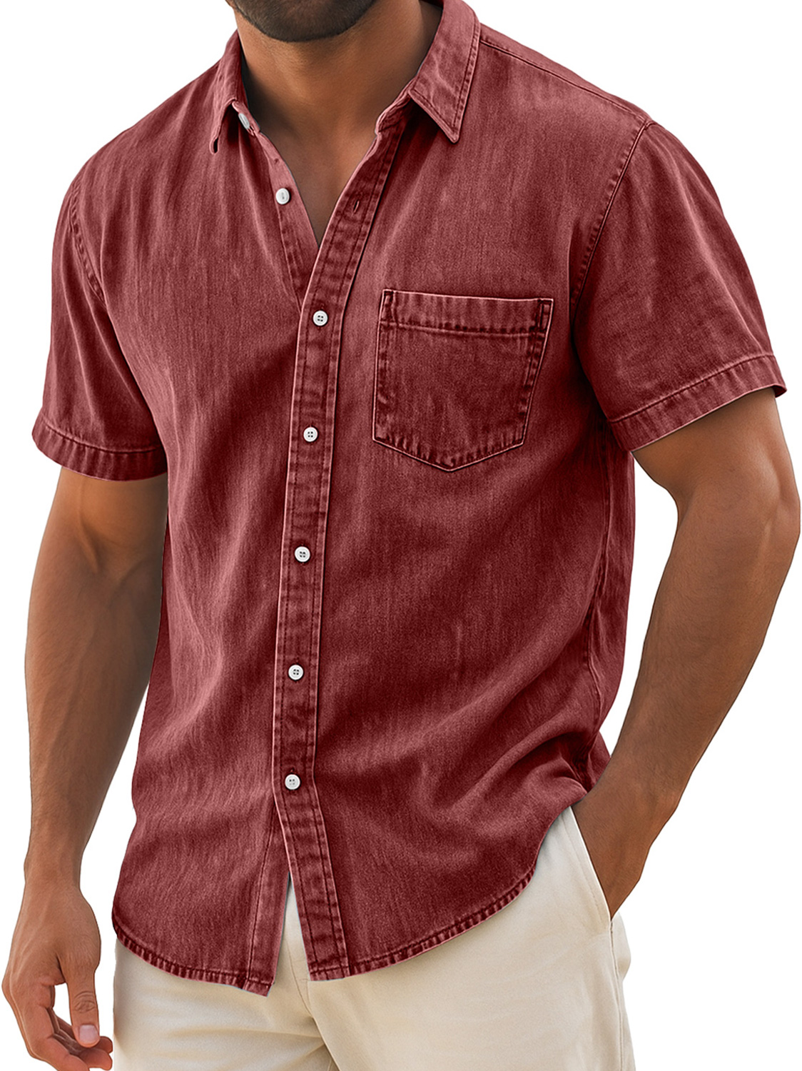 Men's Retro Casual Lapel Pocket Solid Color Short Sleeve Shirt