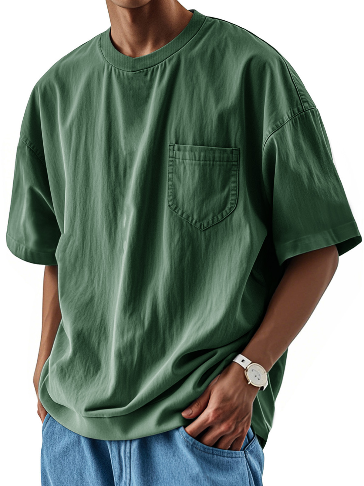 Men's Fashion Casual Retro Shirt Round Neck Pocket Short Sleeve T-Shirt