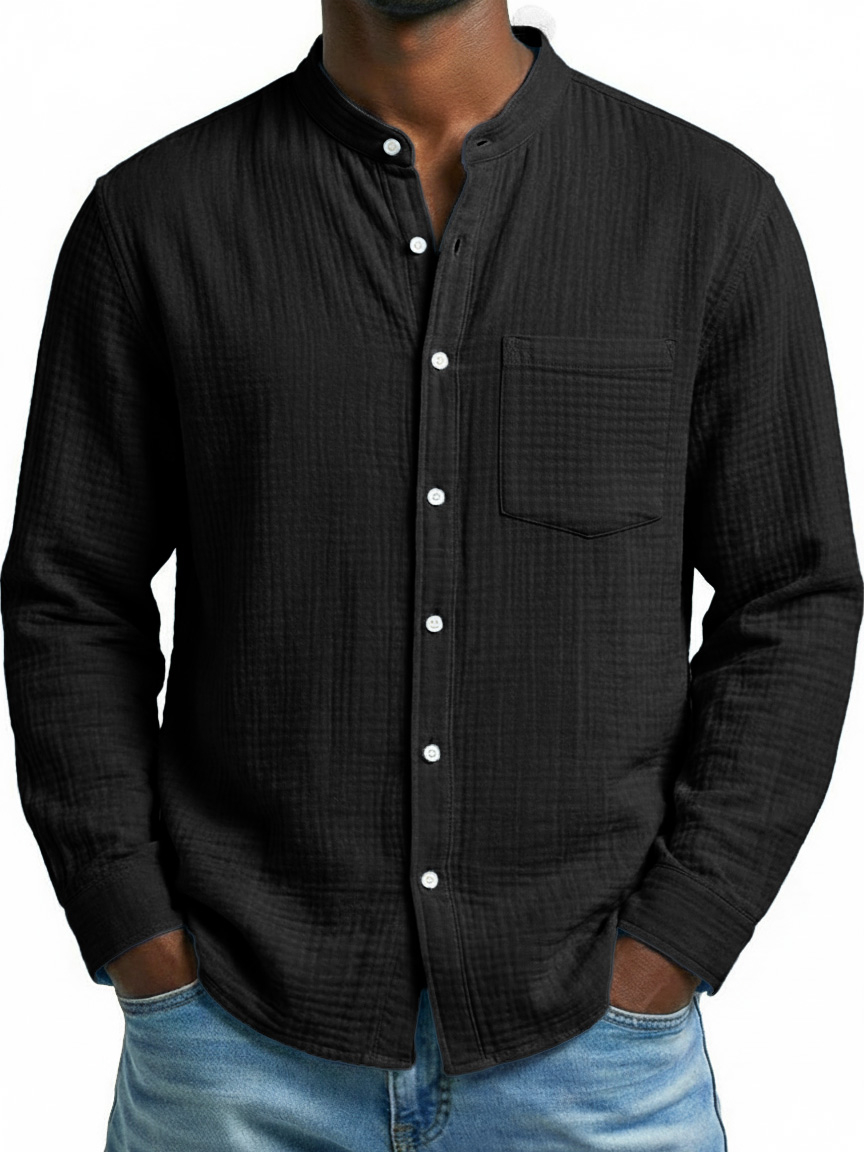 Men's Fashion Casual Retro Stand-Up Collar Pleated Fabric Long-Sleeve Shirt