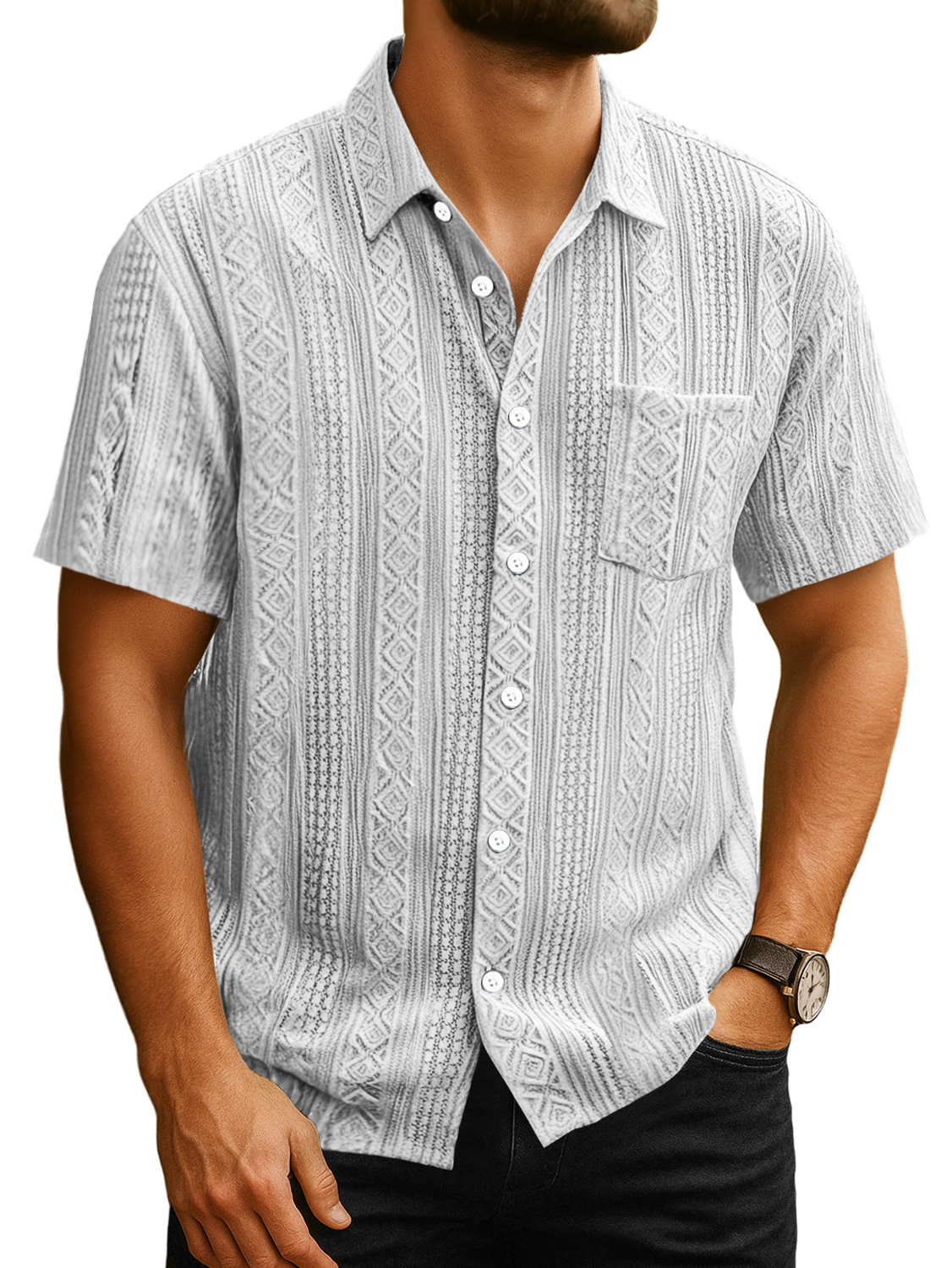Men's Daily Casual Jacquard Texture Pocket Solid Color Short-sleeved Shirt