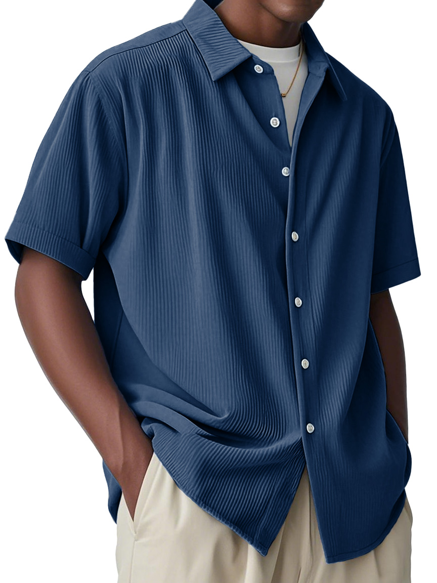 Men's Fashion Casual Striped Fabric Lapel Short-sleeved Shirt