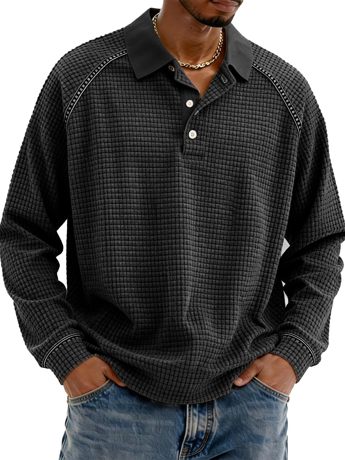 Fashionable Retro Straglan Lapel Long-sleeved Polo Shirt