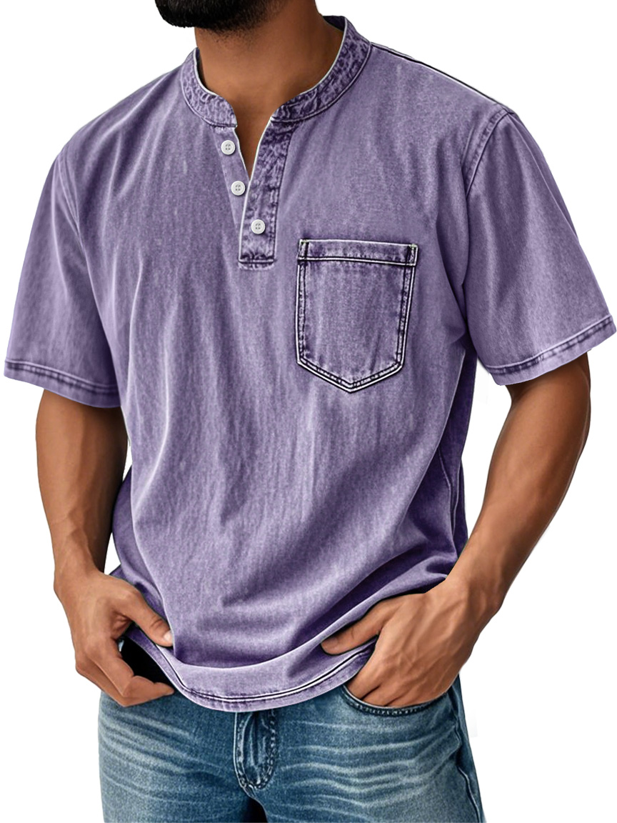 Men's Retro Stand Collar Casual Pocket Solid Color Short Sleeve Henley Shirt