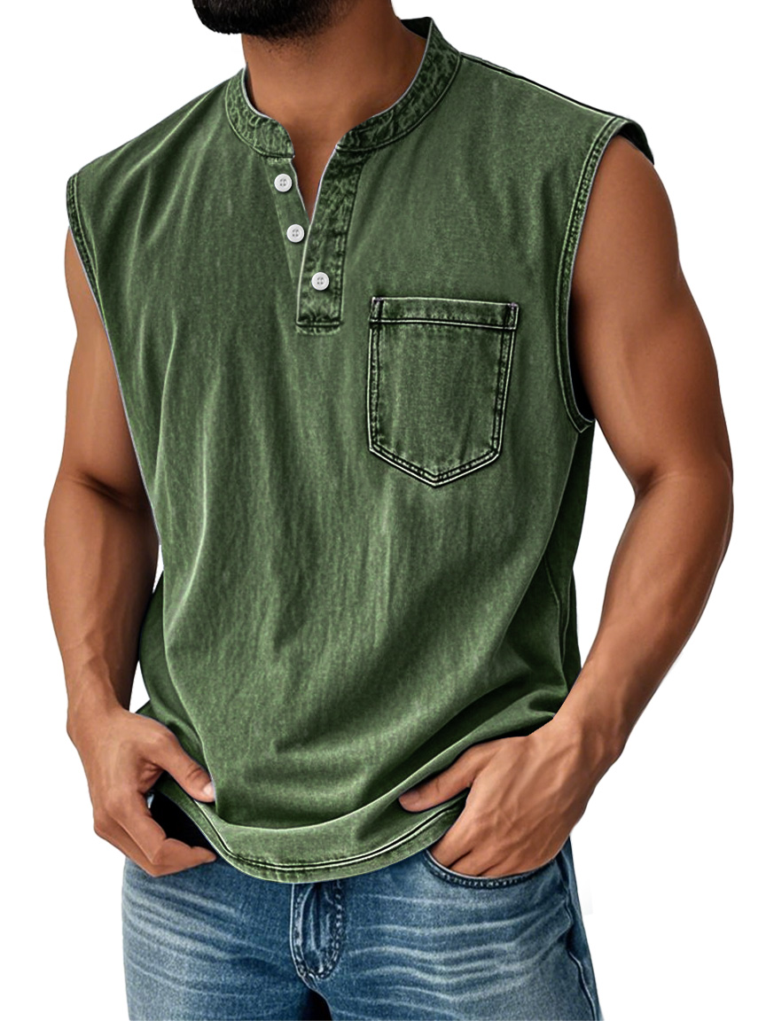 Men's Vintage Stand Collar Casual Pocket Solid Color Sleeveless Henley Vest