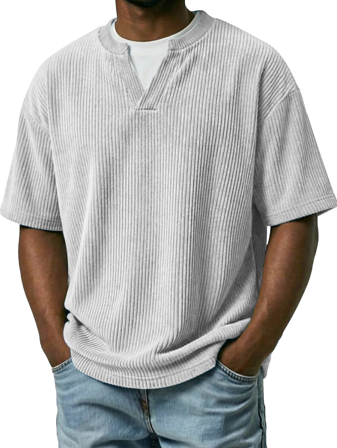 Men's Corduroy Faux Two-piece Double-collar Casual Short-sleeved T-shirt