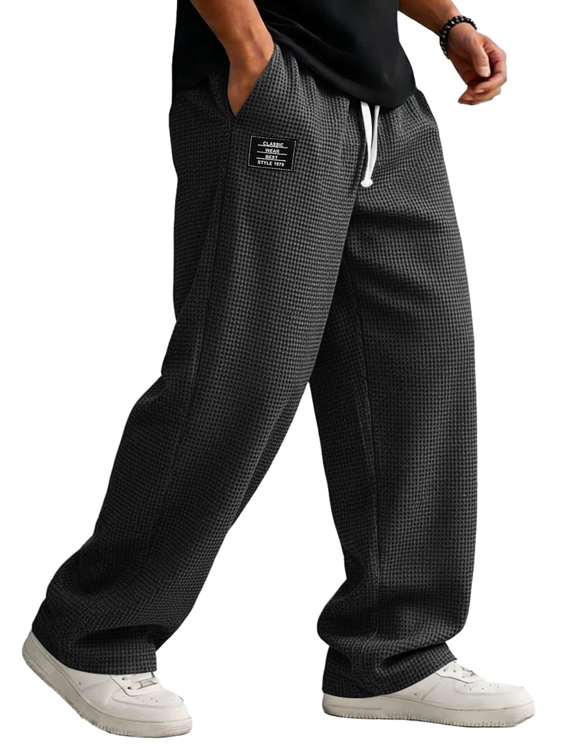 Men's Loose-fitting Waffle-knit Casual Trousers With Elastic Waistband And Embroidered Logo