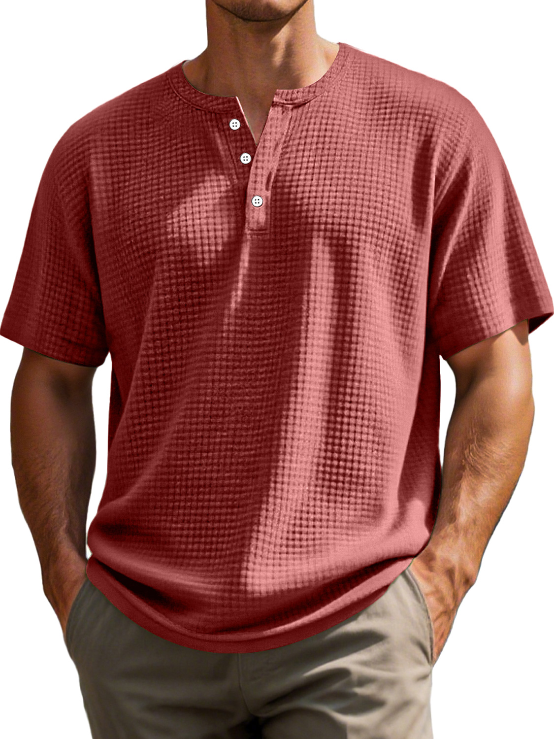 Men's Everyday Waffle Casual Solid Color Short Sleeve Henley Shirt