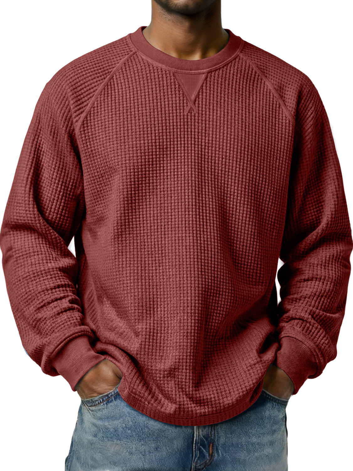Men's Waffle-knit Raglan Sleeve Crew Neck Casual Long-sleeved T-shirt