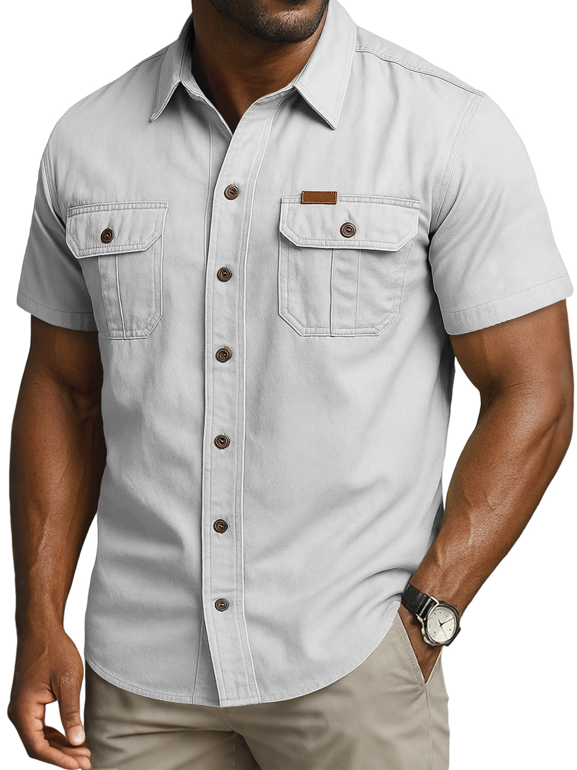 Men's Vintage Double Pocket Embroidered Leather Label Casual Work Shirt