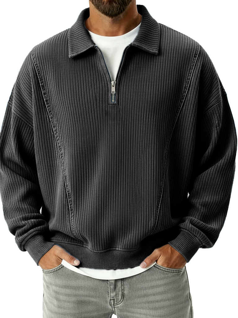 Men's Retro Fashion Ribbed Collar Zipper Long-Sleeve Polo Shirt