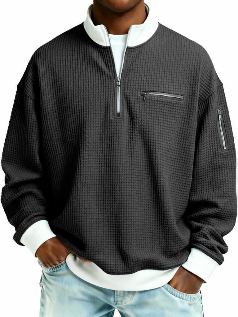 Men's Fashion Casual Patchwork Zipper Stand Collar Waffle Gown Long-Sleeve Top