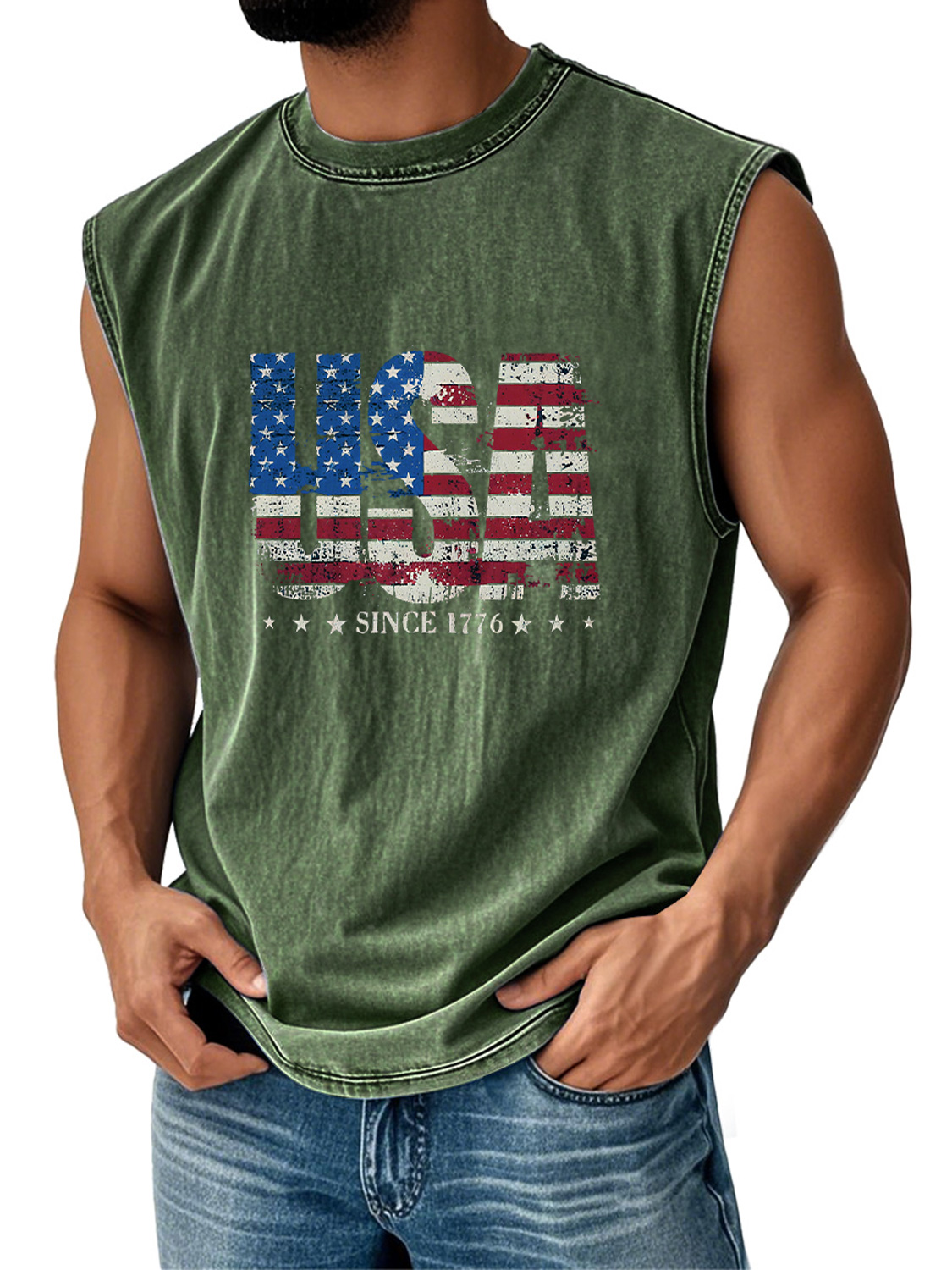 Men's Retro Everyday Independence Day USA Flag Printed Casual Round Neck Sleeveless Vest