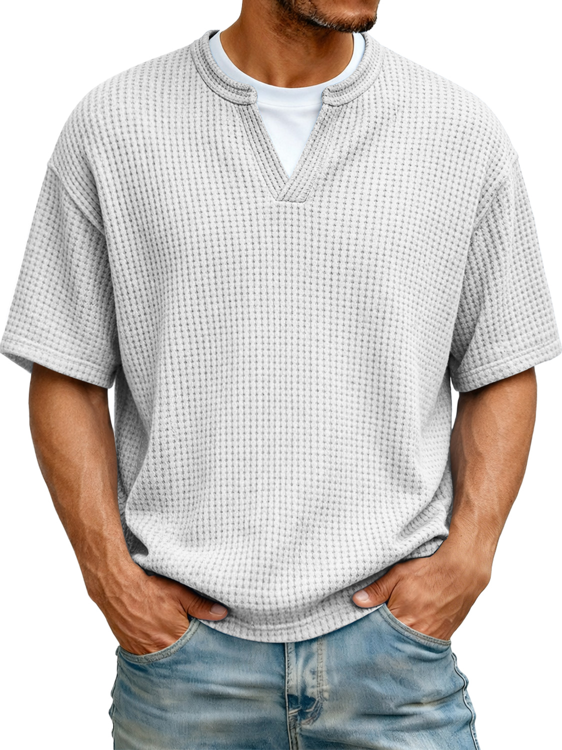 Men's Waffle-knit Two-piece Look Casual Solid Color Short-sleeved T-shirt
