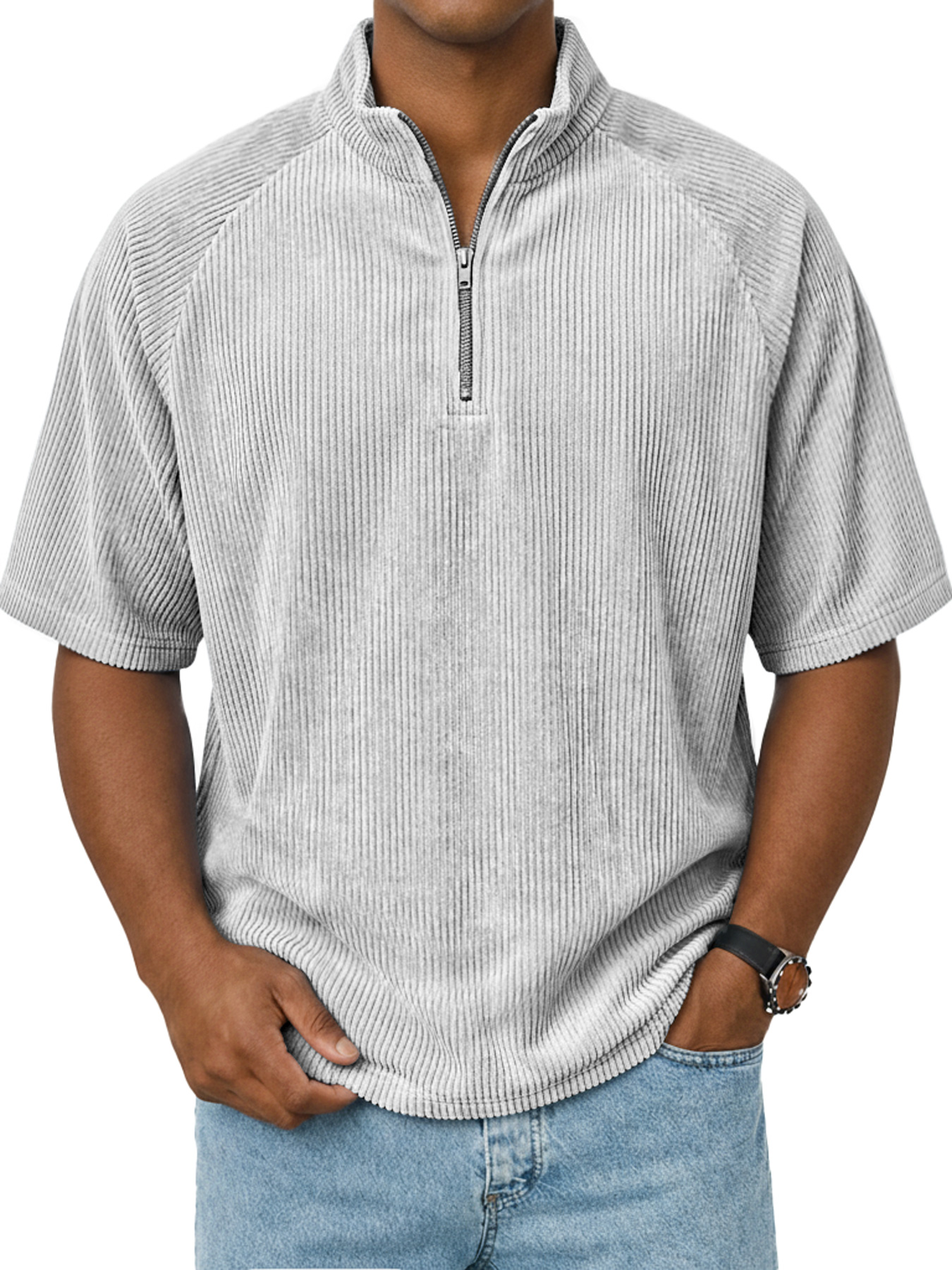 Men's Retro Raglan Corduroy Stand Collar Zipper Casual Short Sleeve T-Shirt