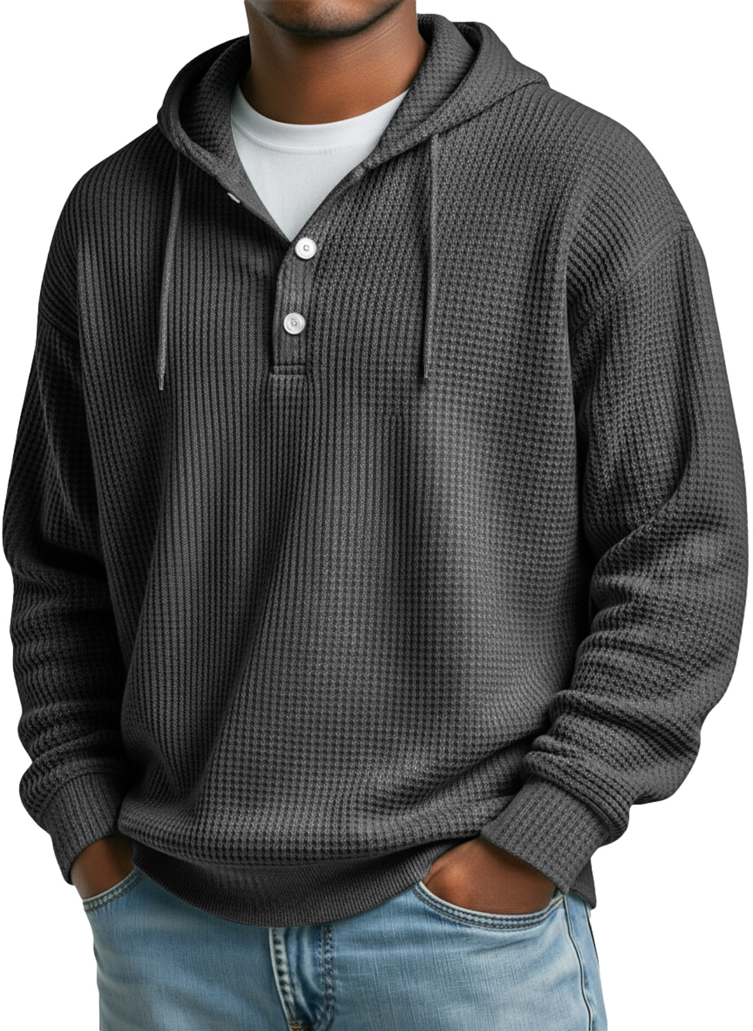 Men's Waffle Casual Hooded Button Loose Sweatshirt