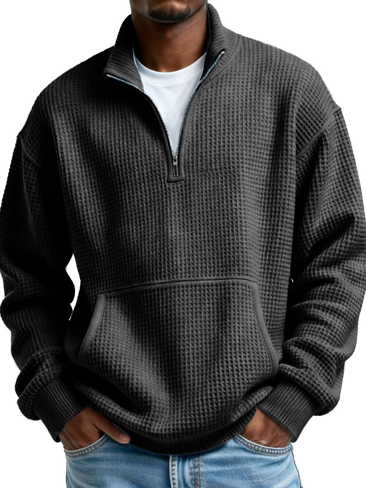 Men's Clothing Fashionable Casual Pit Strip Fabric Upright Collar Zipper Pockets Long-sleeved Hoodie