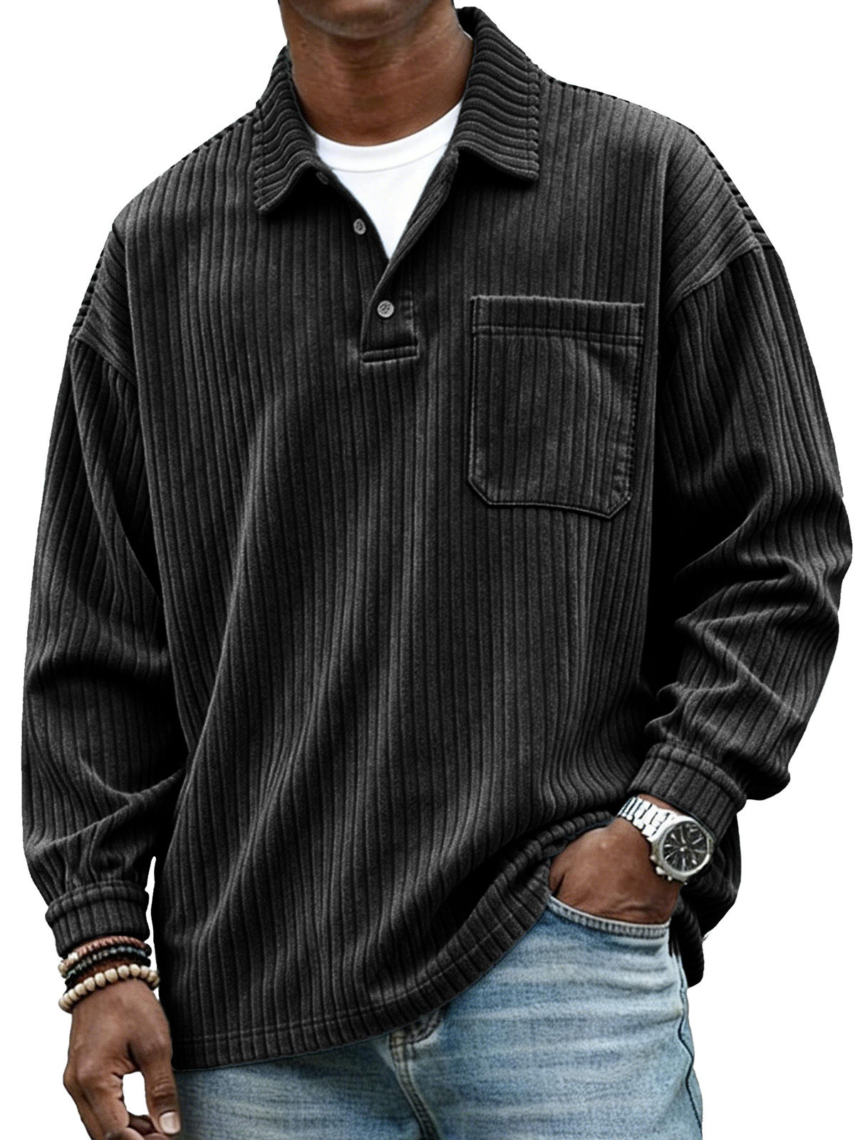  Stylish Casual Loose Corduroy Fabric Lapel Pockets Long-sleeved Polo Shirt 