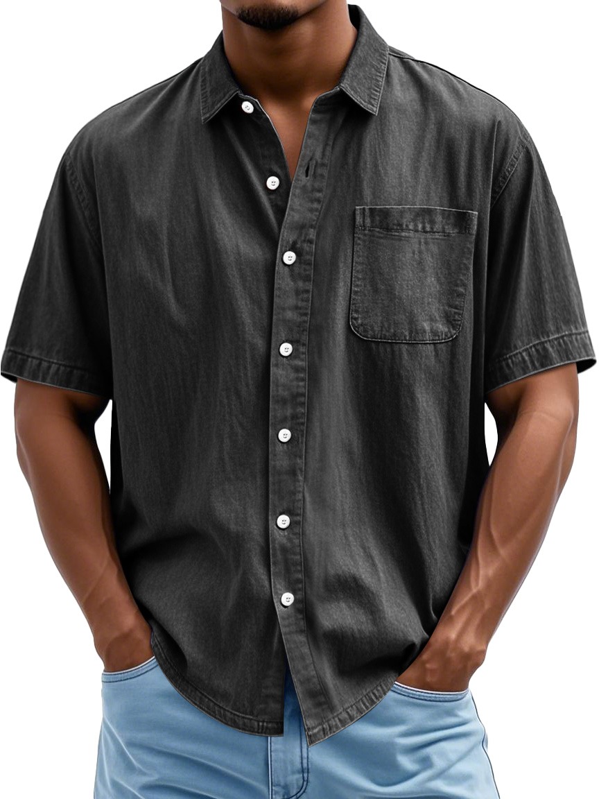 Men's Fashion Casual Lapel Pocket Solid Color Short Shirt