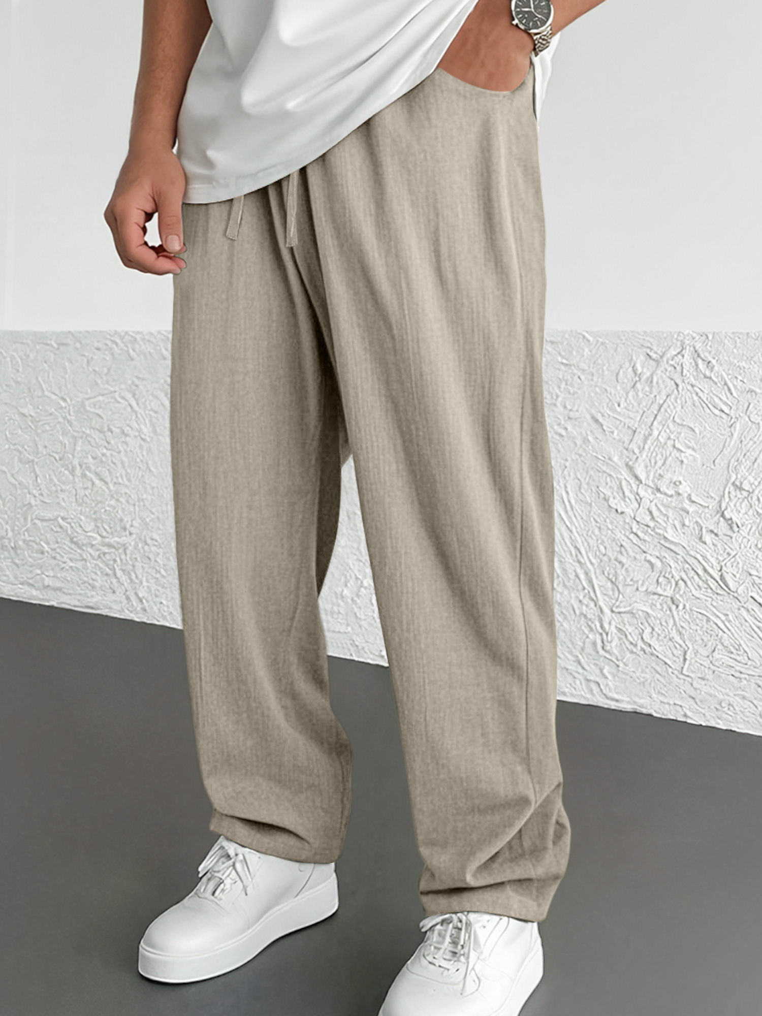 Men's Summer Daily Cotton And Linen Elastic Waist Casual Solid Color Comfortable Trousers