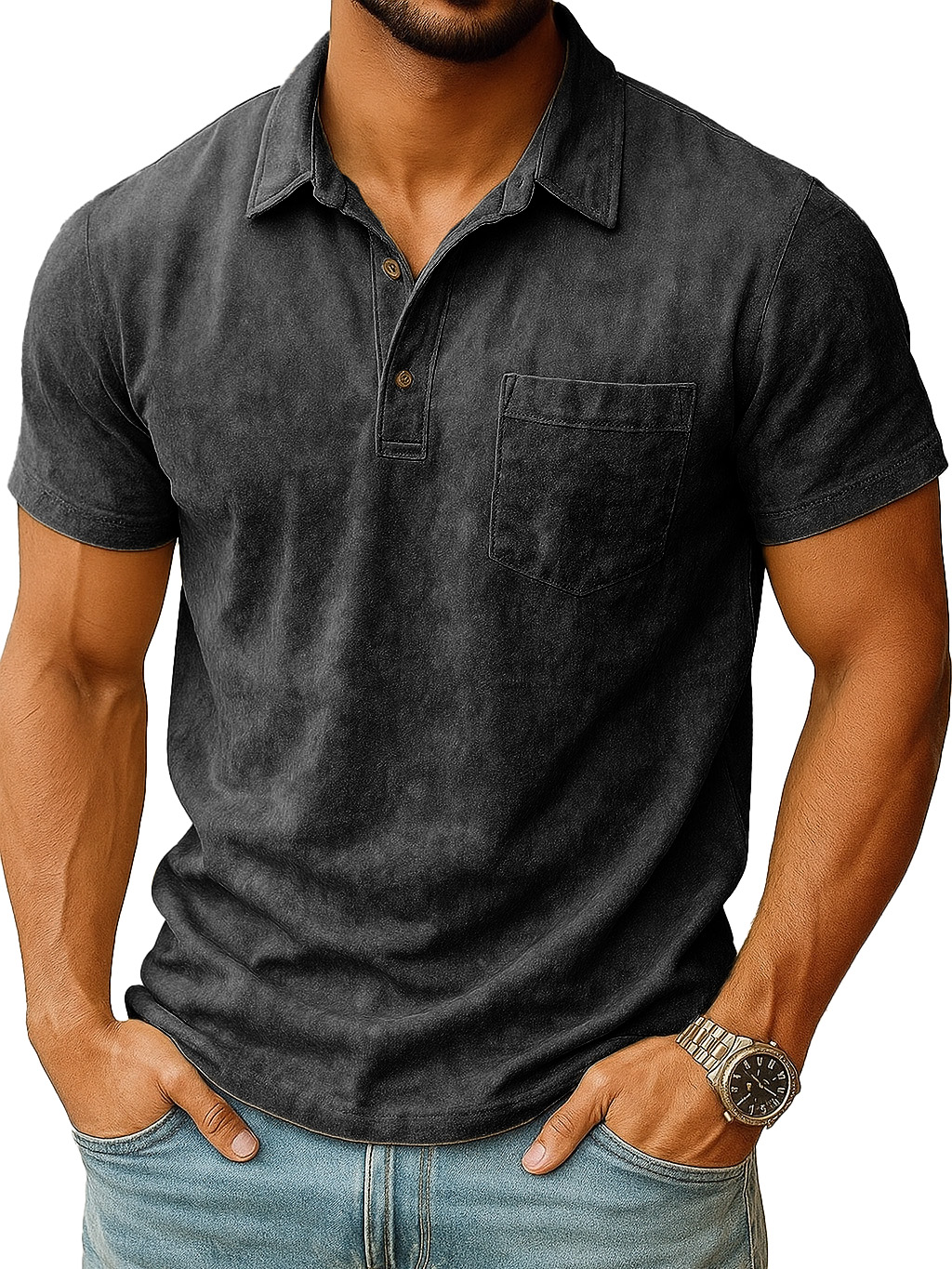  Men's Retro Outdoor Distressed Lapel Short-sleeved Pocket Polo Shirt 
