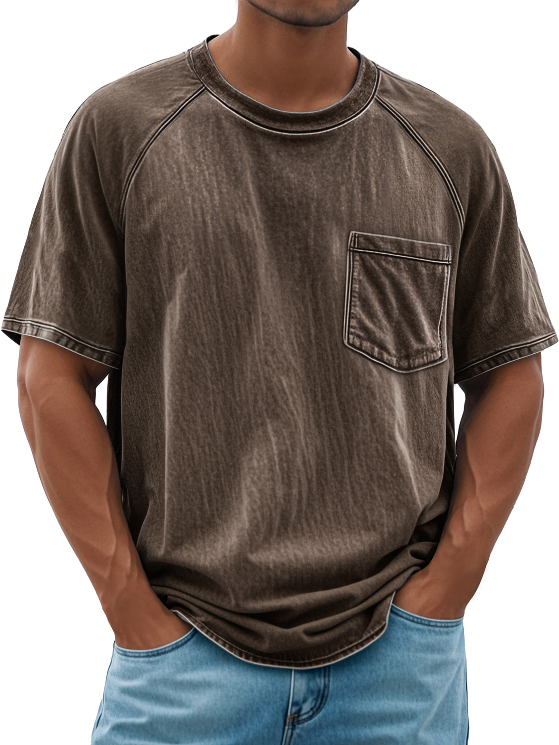 Men's Retro Round Neck Raglan Pocket Casual Short Sleeve T-Shirt