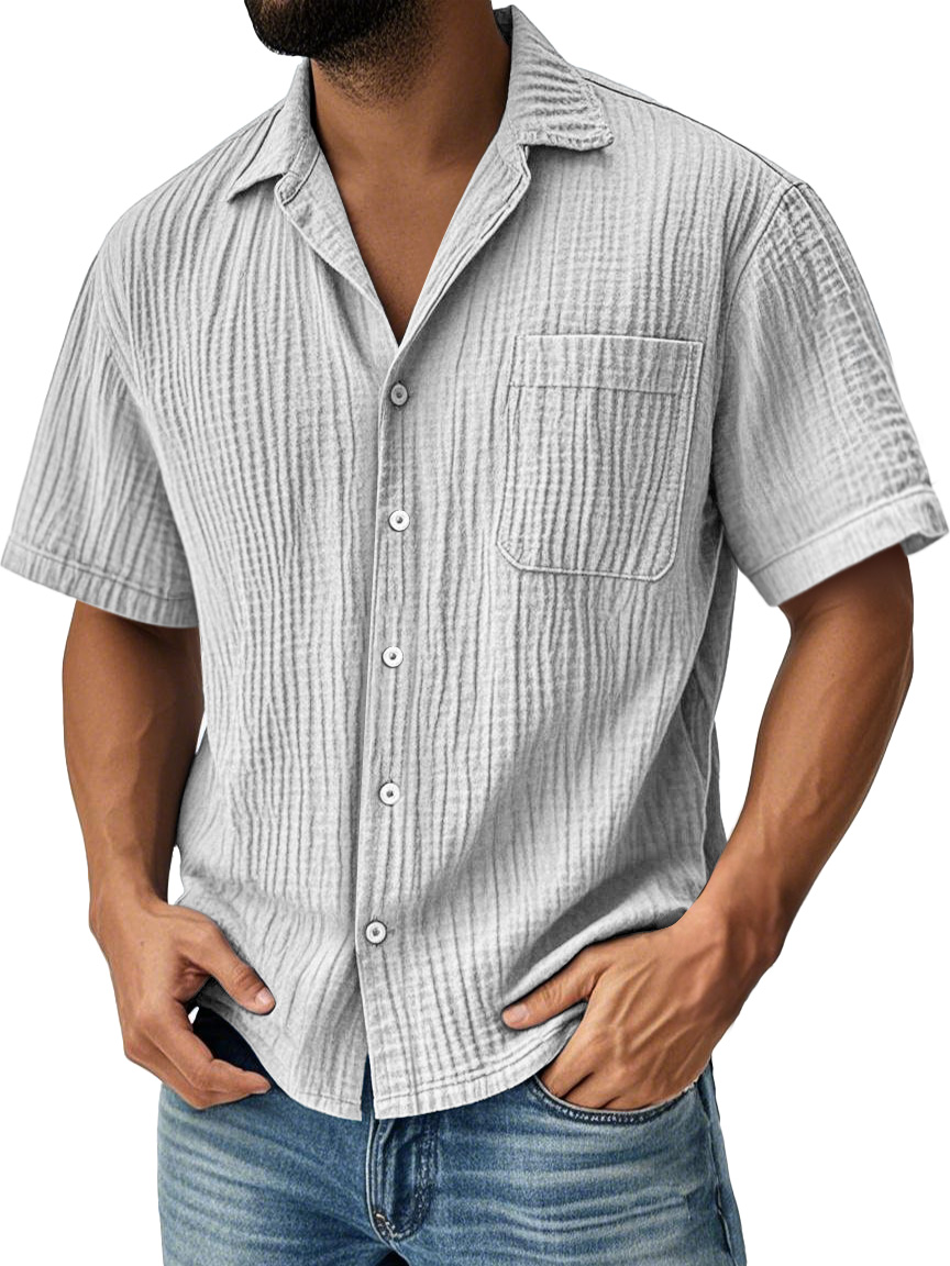 Men's Daily Pleated Pocket Casual Solid Color Short Sleeve Shirt