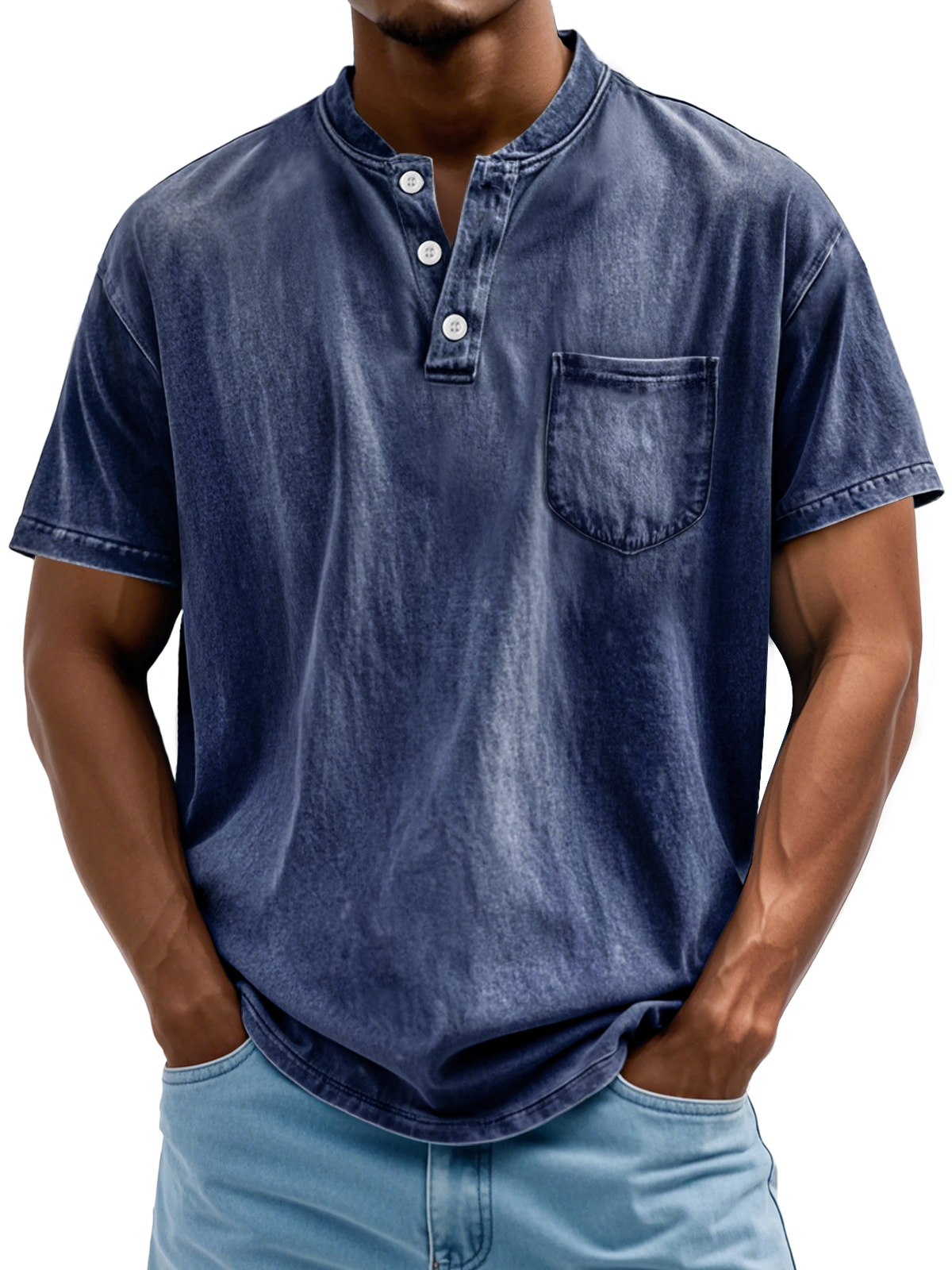 Men's Retro Stand Collar Pocket Casual Solid Color Short Sleeve Henley Shirt