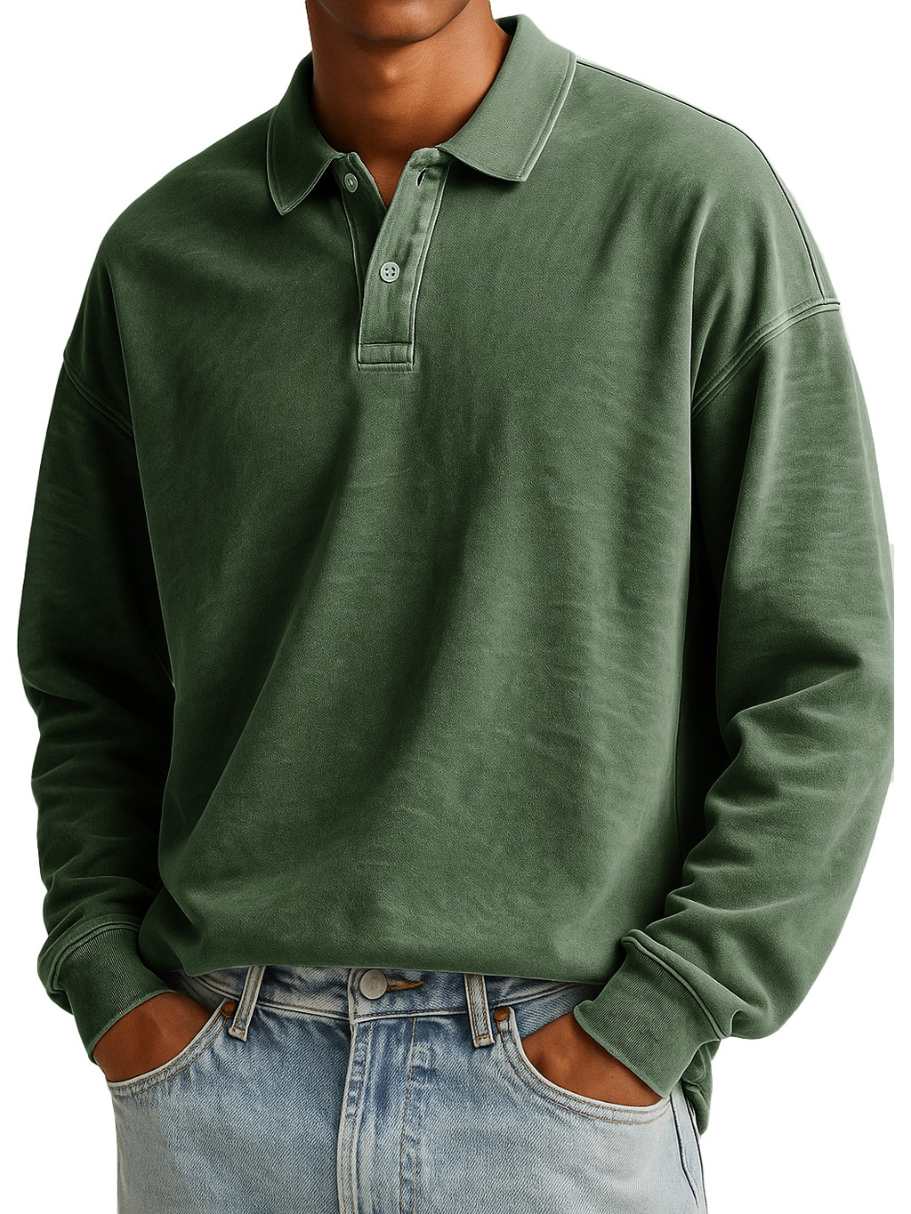  Men's Stylish Casual Padded Lapel Button-stitched Ribbed Long-sleeved Polo Shirt 