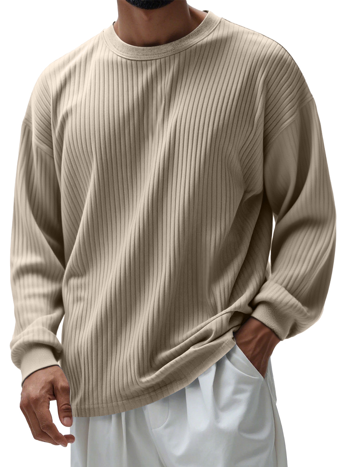 Men's Casual Round Neck Ribbed Comfortable Long Sleeve T-shirt