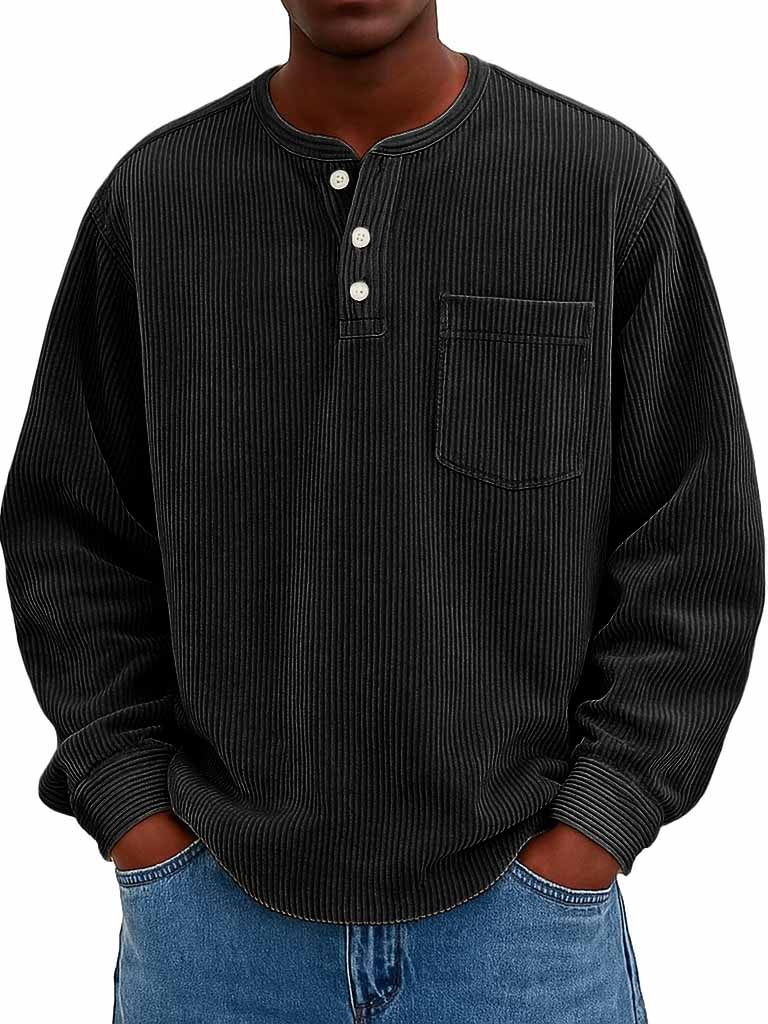 Men's Fashion Casual Corduroy Pocket Long Sleeve Henley Shirt