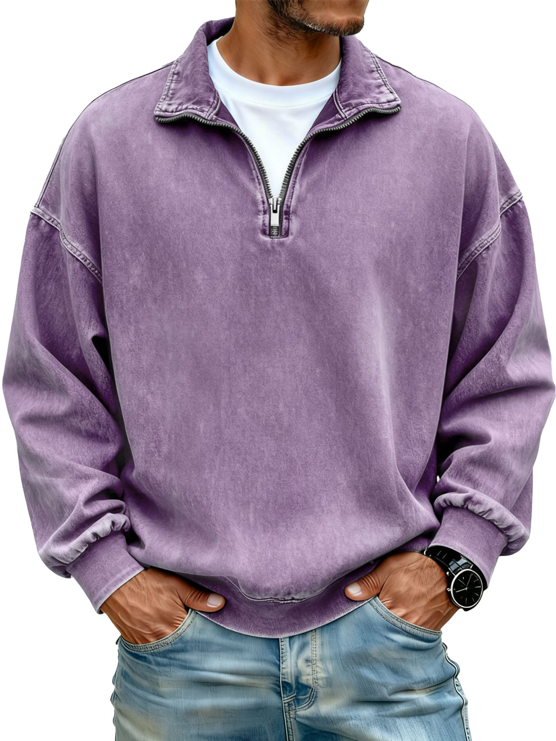 Men's Retro Stand Collar Zipper Casual Loose Sweatshirt