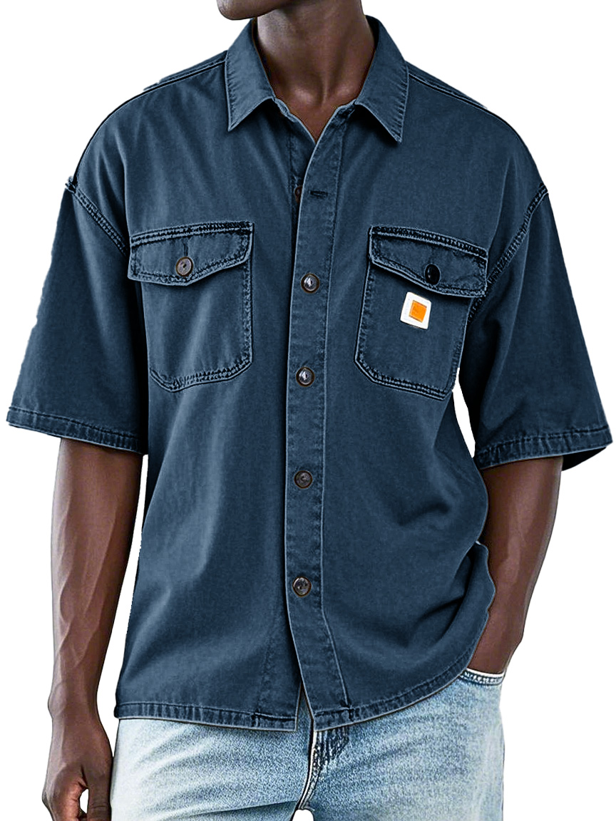 Men's Retro Workwear Double Pocket Lapel Short-sleeved Shirt