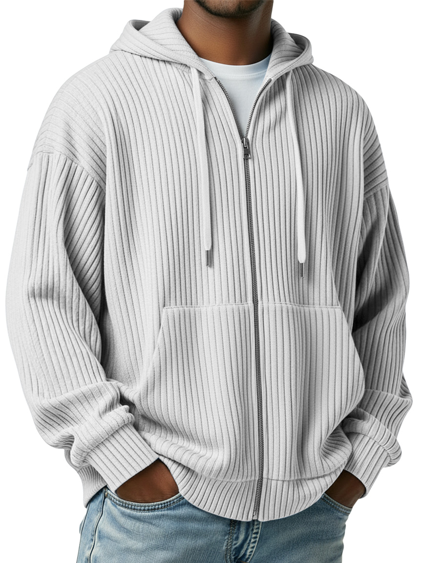 Men's Simple Ribbed Zipper Casual Hooded Jacket