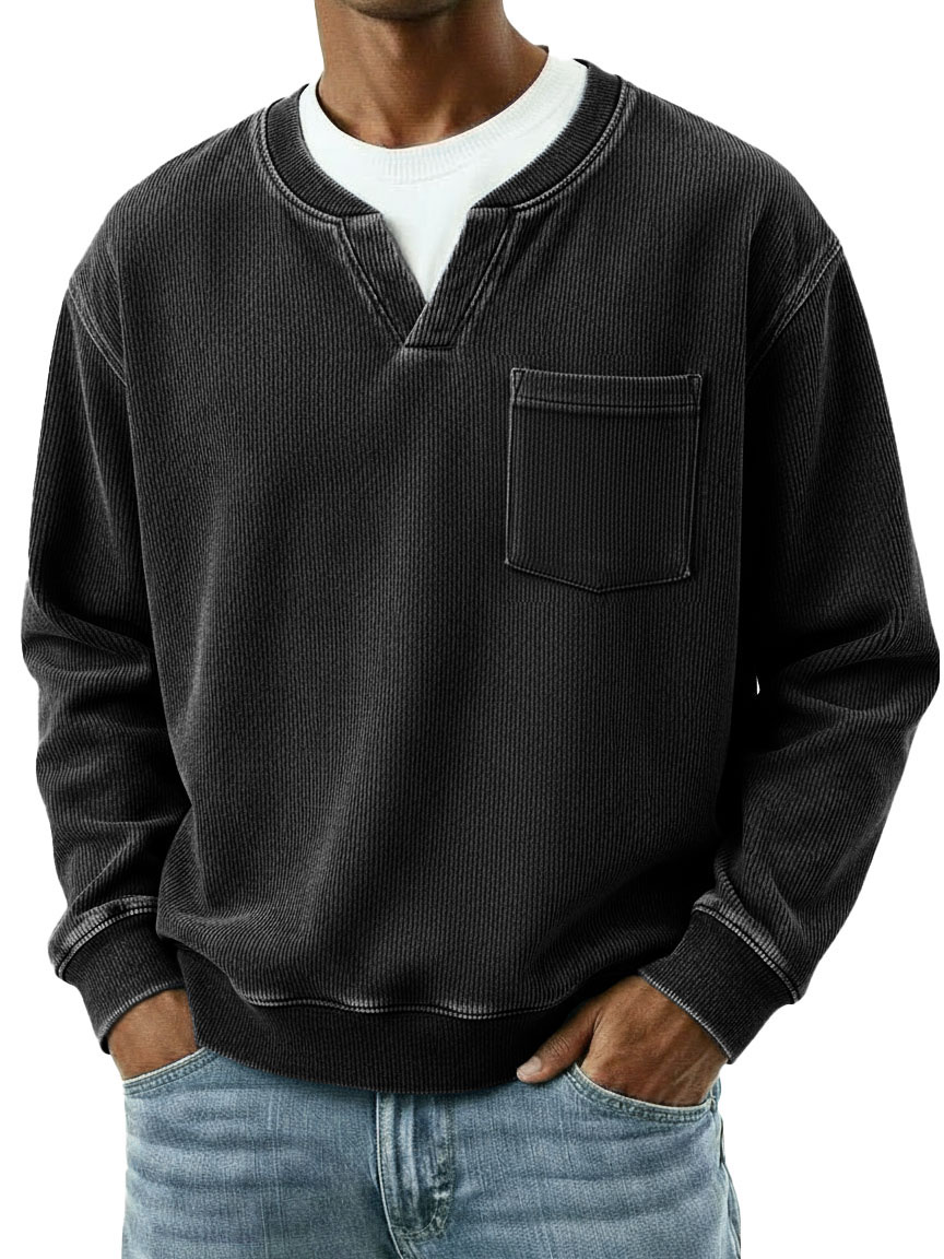 Men's Fashionable Casual Ribbed Fabric Faux Two-Piece Pocket Long-Sleeve T-Shirt