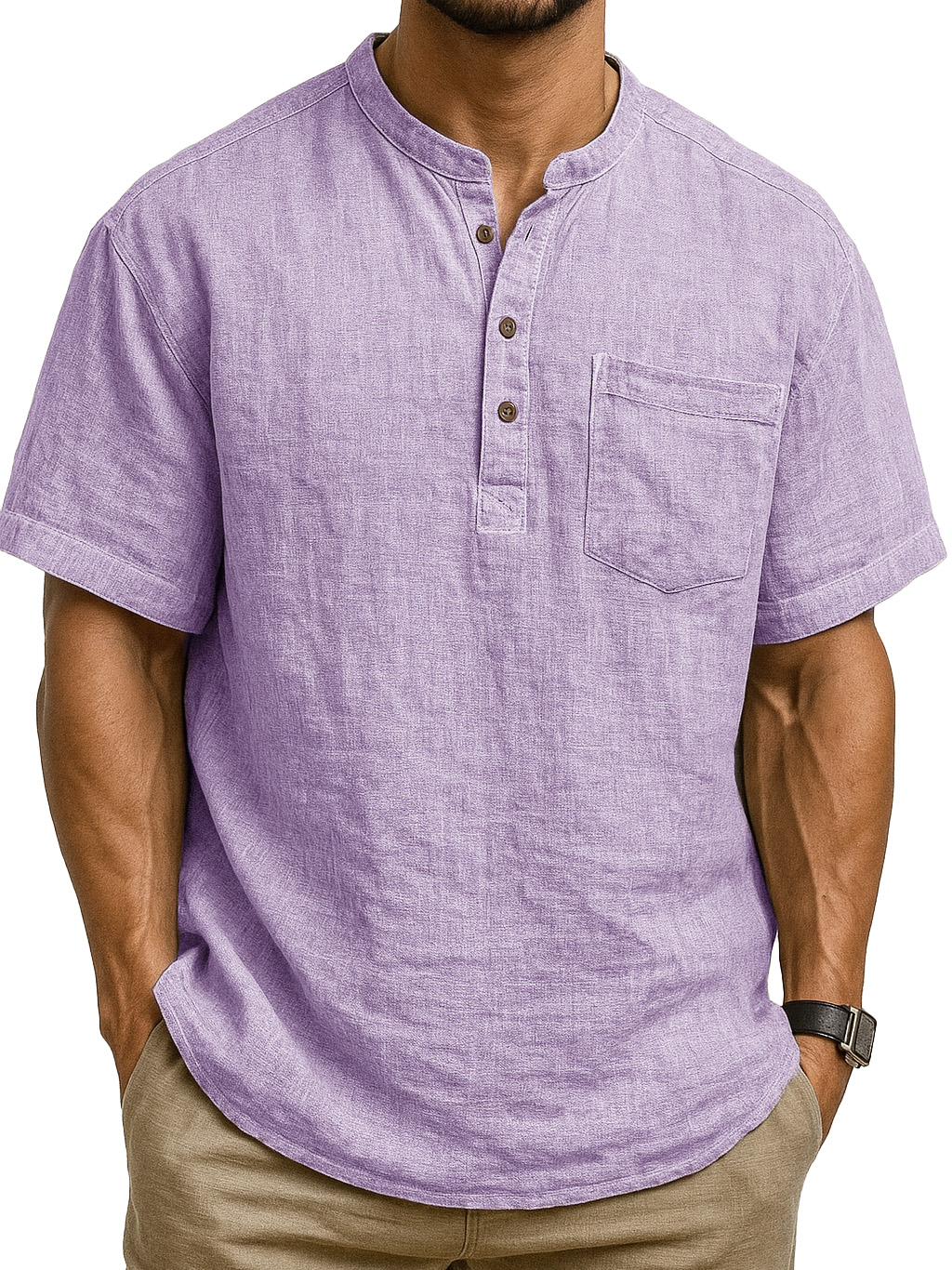 Men's Fashion Retro Ramie Fabric Pocket Short-sleeved Henley Shirt