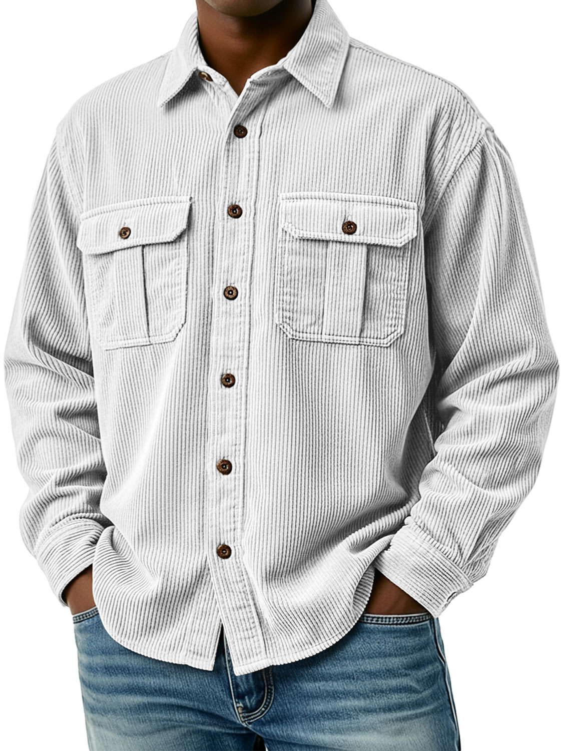 Men's Retro Corduroy Double Pocket Casual Long-Sleeve Work Shirt