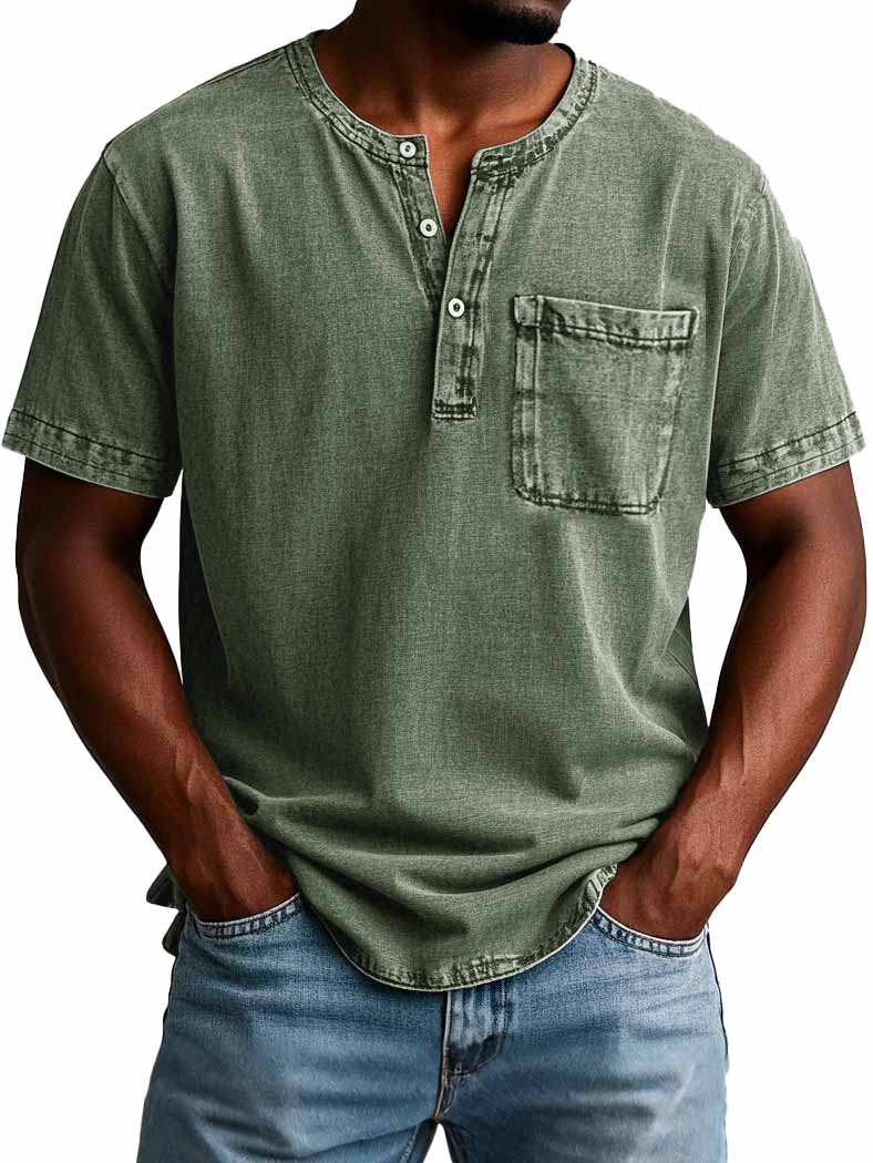 Men's Fashion Casual Vintage Distressed Pocket Short Sleeve Henley Shirt