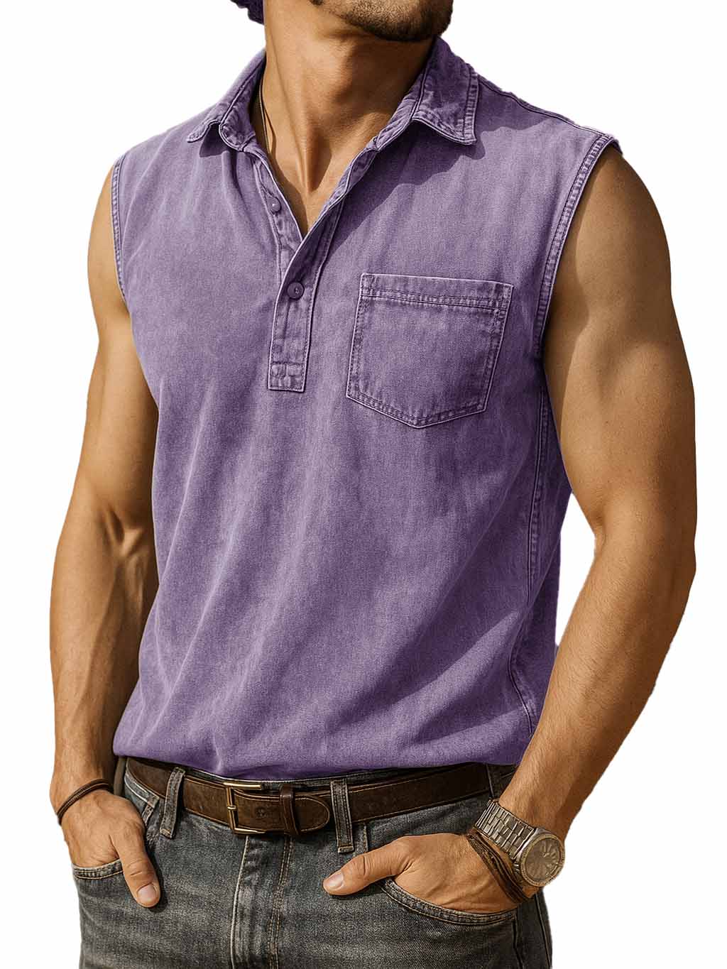 Men's Fashion Retro Distressed Pocket Lapel Sleeveless Polo Shirt 
