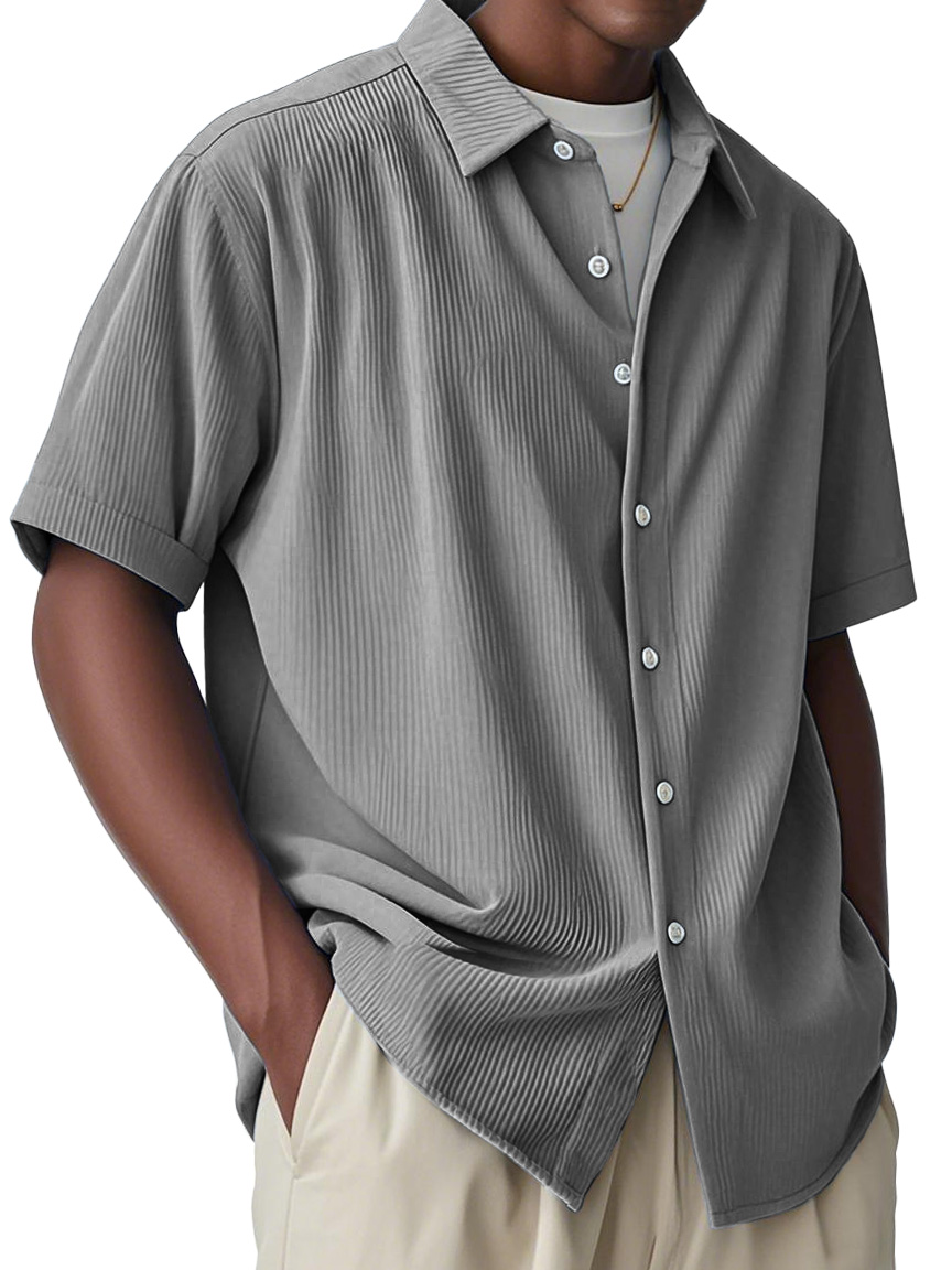 Men's Fashion Casual Striped Fabric Lapel Short-sleeved Shirt