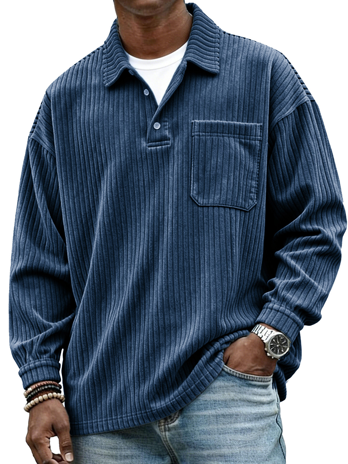  Stylish Casual Loose Corduroy Fabric Lapel Pockets Long-sleeved Polo Shirt 