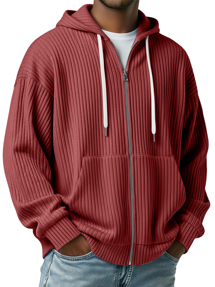 Men's Simple Ribbed Zipper Casual Hooded Jacket